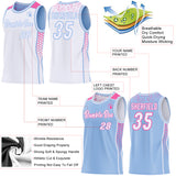 Custom White Light Blue-Pink Side Panel Stripe Geometric Triangle Gradient Dot Reversible Double Side Sublimation Basketball Set Jersey
