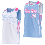 Custom White Light Blue-Pink Side Panel Stripe Geometric Triangle Gradient Dot Reversible Double Side Sublimation Basketball Set Jersey