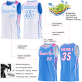 Custom White Powder Blue-Pink Side Panel Stripe Geometric Triangle Gradient Dot Reversible Double Side Sublimation Basketball Set Jersey