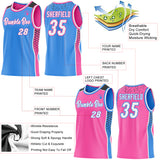 Custom Powder Blue White Pink-Black Side Panel Stripe Geometric Triangle Gradient Dot Reversible Double Side Sublimation Basketball Set Jersey