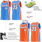 Custom Powder Blue White-Orange Side Panel Stripe Geometric Triangle Gradient Dot Reversible Double Side Sublimation Basketball Set Jersey