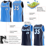Custom Powder Blue White-Navy Side Panel Stripe Geometric Triangle Gradient Dot Reversible Double Side Sublimation Basketball Set Jersey