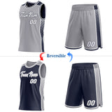 Custom Gray White-Navy Side Panel Stripe Geometric Triangle Gradient Dot Reversible Double Side Sublimation Basketball Set Jersey