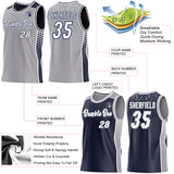 Custom Gray White-Navy Side Panel Stripe Geometric Triangle Gradient Dot Reversible Double Side Sublimation Basketball Set Jersey