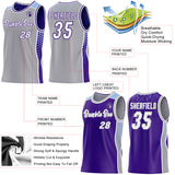 Custom Gray White Purple-Light Blue Side Panel Stripe Geometric Triangle Gradient Dot Reversible Double Side Sublimation Basketball Set Jersey