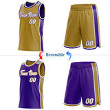 Custom Old Gold White Purple-Gray Side Panel Stripe Geometric Triangle Gradient Dot Reversible Double Side Sublimation Basketball Set Jersey
