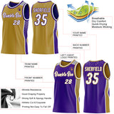 Custom Old Gold White Purple-Gray Side Panel Stripe Geometric Triangle Gradient Dot Reversible Double Side Sublimation Basketball Set Jersey