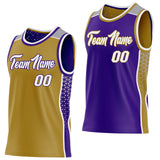 Custom Old Gold White Purple-Gray Side Panel Stripe Geometric Triangle Gradient Dot Reversible Double Side Sublimation Basketball Set Jersey