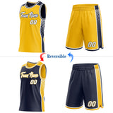 Custom Gold White-Navy Side Panel Stripe Geometric Triangle Gradient Dot Reversible Double Side Sublimation Basketball Set Jersey
