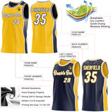 Custom Gold White-Navy Side Panel Stripe Geometric Triangle Gradient Dot Reversible Double Side Sublimation Basketball Set Jersey