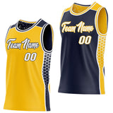 Custom Gold White-Navy Side Panel Stripe Geometric Triangle Gradient Dot Reversible Double Side Sublimation Basketball Set Jersey