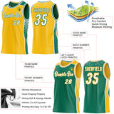Custom Gold White-Kelly Green Side Panel Stripe Geometric Triangle Gradient Dot Reversible Double Side Sublimation Basketball Set Jersey