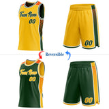 Custom Gold Green White-Orange Side Panel Stripe Geometric Triangle Gradient Dot Reversible Double Side Sublimation Basketball Set Jersey