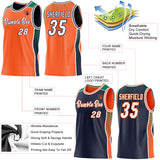 Custom Orange White Navy-Kelly Green Side Panel Stripe Geometric Triangle Gradient Dot Reversible Double Side Sublimation Basketball Set Jersey
