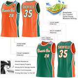 Custom Orange White Kelly Green-Light Blue Side Panel Stripe Geometric Triangle Gradient Dot Reversible Double Side Sublimation Basketball Set Jersey