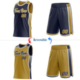 Custom Navy Old Gold-White Side Panel Stripe Geometric Triangle Gradient Dot Reversible Double Side Sublimation Basketball Set Jersey