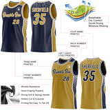 Custom Navy Old Gold-White Side Panel Stripe Geometric Triangle Gradient Dot Reversible Double Side Sublimation Basketball Set Jersey