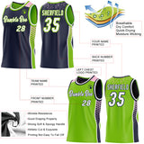 Custom Navy White Neon Green-Light Pink Side Panel Stripe Geometric Triangle Gradient Dot Reversible Double Side Sublimation Basketball Set Jersey
