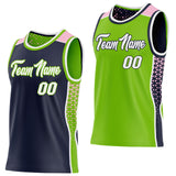 Custom Navy White Neon Green-Light Pink Side Panel Stripe Geometric Triangle Gradient Dot Reversible Double Side Sublimation Basketball Set Jersey