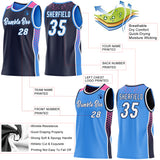 Custom Navy White Powder Blue-Pink Side Panel Stripe Geometric Triangle Gradient Dot Reversible Double Side Sublimation Basketball Set Jersey