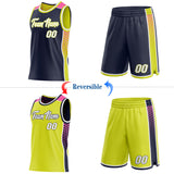 Custom Navy White Neon Yellow-Pink Side Panel Stripe Geometric Triangle Gradient Dot Reversible Double Side Sublimation Basketball Set Jersey