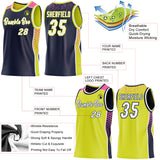 Custom Navy White Neon Yellow-Pink Side Panel Stripe Geometric Triangle Gradient Dot Reversible Double Side Sublimation Basketball Set Jersey