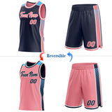 Custom Navy Medium Pink White-Sky Blue Side Panel Stripe Geometric Triangle Gradient Dot Reversible Double Side Sublimation Basketball Set Jersey