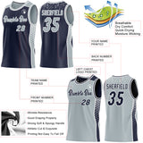 Custom Navy Silver-White Side Panel Stripe Geometric Triangle Gradient Dot Reversible Double Side Sublimation Basketball Set Jersey