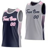 Custom Navy Light Pink White-Gray Side Panel Stripe Geometric Triangle Gradient Dot Reversible Double Side Sublimation Basketball Set Jersey