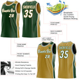 Custom Green White-Old Gold Side Panel Stripe Geometric Triangle Gradient Dot Reversible Double Side Sublimation Basketball Set Jersey