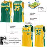 Custom Kelly Green Gold-White Side Panel Stripe Geometric Triangle Gradient Dot Reversible Double Side Sublimation Basketball Set Jersey