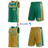 Custom Kelly Green Old Gold-White Side Panel Stripe Geometric Triangle Gradient Dot Reversible Double Side Sublimation Basketball Set Jersey