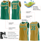 Custom Kelly Green Old Gold-White Side Panel Stripe Geometric Triangle Gradient Dot Reversible Double Side Sublimation Basketball Set Jersey
