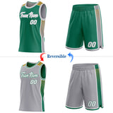 Custom Kelly Green White Gray-Old Gold Side Panel Stripe Geometric Triangle Gradient Dot Reversible Double Side Sublimation Basketball Set Jersey