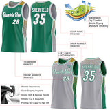 Custom Kelly Green White Gray-Old Gold Side Panel Stripe Geometric Triangle Gradient Dot Reversible Double Side Sublimation Basketball Set Jersey
