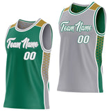 Custom Kelly Green White Gray-Old Gold Side Panel Stripe Geometric Triangle Gradient Dot Reversible Double Side Sublimation Basketball Set Jersey