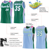Custom Kelly Green White Light Blue-Pink Side Panel Stripe Geometric Triangle Gradient Dot Reversible Double Side Sublimation Basketball Set Jersey