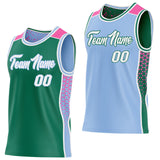 Custom Kelly Green White Light Blue-Pink Side Panel Stripe Geometric Triangle Gradient Dot Reversible Double Side Sublimation Basketball Set Jersey
