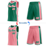 Custom Kelly Green Medium Pink-White Side Panel Stripe Geometric Triangle Gradient Dot Reversible Double Side Sublimation Basketball Set Jersey