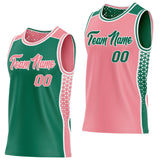 Custom Kelly Green Medium Pink-White Side Panel Stripe Geometric Triangle Gradient Dot Reversible Double Side Sublimation Basketball Set Jersey
