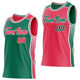Custom Kelly Green Neon Pink-White Side Panel Stripe Geometric Triangle Gradient Dot Reversible Double Side Sublimation Basketball Set Jersey