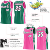 Custom Kelly Green White-Pink Side Panel Stripe Geometric Triangle Gradient Dot Reversible Double Side Sublimation Basketball Set Jersey