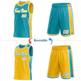 Custom Teal White-Gold Side Panel Stripe Geometric Triangle Gradient Dot Reversible Double Side Sublimation Basketball Set Jersey