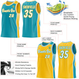 Custom Teal White-Gold Side Panel Stripe Geometric Triangle Gradient Dot Reversible Double Side Sublimation Basketball Set Jersey