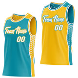 Custom Teal White-Gold Side Panel Stripe Geometric Triangle Gradient Dot Reversible Double Side Sublimation Basketball Set Jersey
