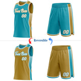 Custom Teal White-Old Gold Side Panel Stripe Geometric Triangle Gradient Dot Reversible Double Side Sublimation Basketball Set Jersey