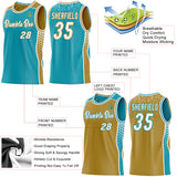 Custom Teal White-Old Gold Side Panel Stripe Geometric Triangle Gradient Dot Reversible Double Side Sublimation Basketball Set Jersey