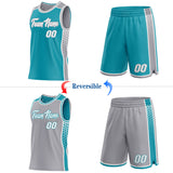 Custom Teal White-Gray Side Panel Stripe Geometric Triangle Gradient Dot Reversible Double Side Sublimation Basketball Set Jersey