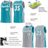 Custom Teal White-Gray Side Panel Stripe Geometric Triangle Gradient Dot Reversible Double Side Sublimation Basketball Set Jersey