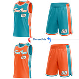 Custom Teal White-Orange Side Panel Stripe Geometric Triangle Gradient Dot Reversible Double Side Sublimation Basketball Set Jersey